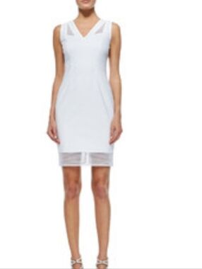 Elle Tahari Mirella Sleeveless V-Neck White Sheath Dress with Mesh Hem